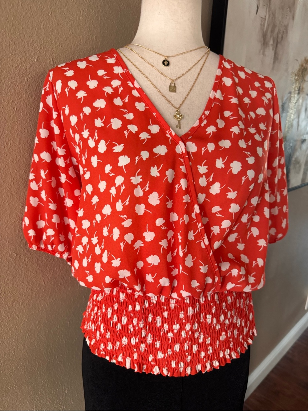 Sienna Sky Red Floral V-Neck Smocked Waist Blouse